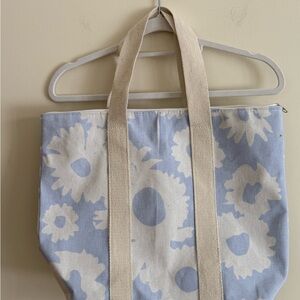 Floral Canvas Tote Bag - Blue and Cream